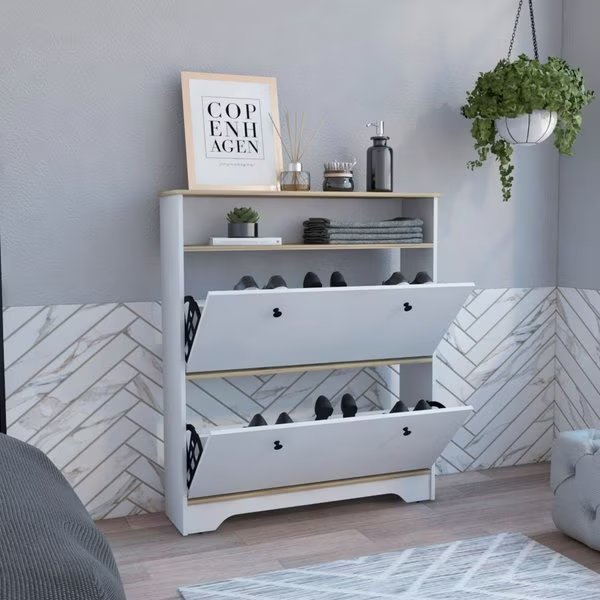 Calgary Shoe Rack, Superior Top, One Open Shelf, Two Extendable Shelves, Light Oak/White, Tuhome, Mfr#: ZDB7106